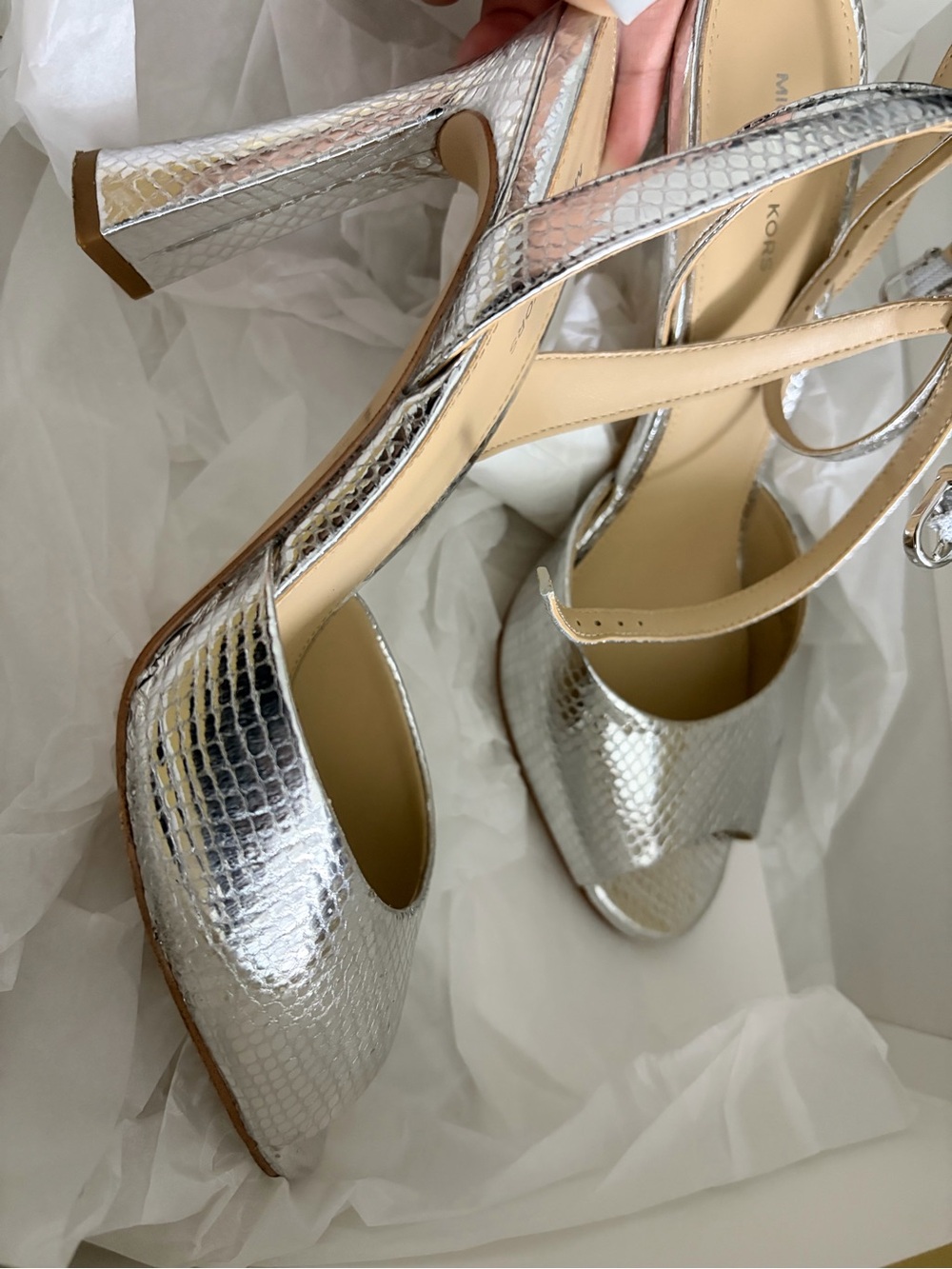 Michael Kors Silver Snake-Embossed Slingback Heels